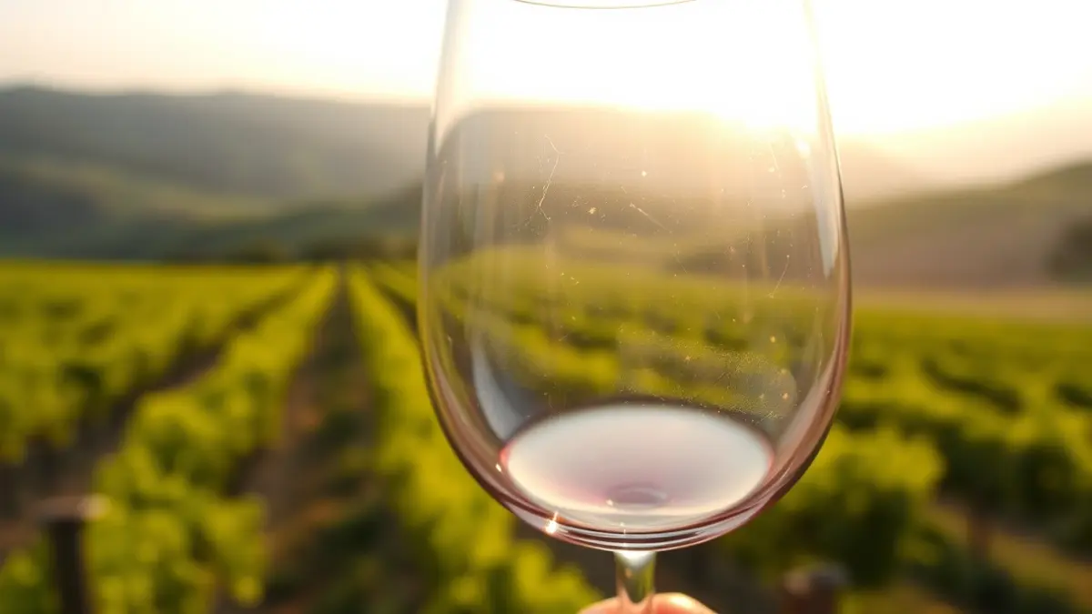 Imagen genérica de una copa de vino con un viñedo de fondo.