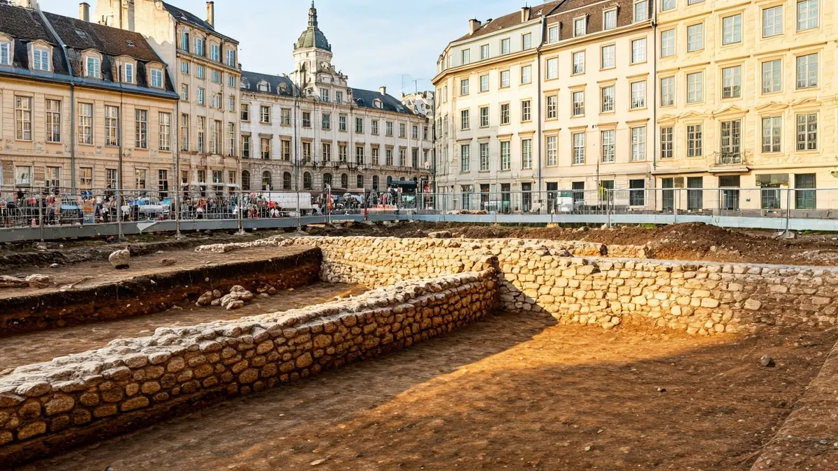 Imaxe xenérica dun xacemento arqueolóxico urbano con restos dunha muralla antiga.