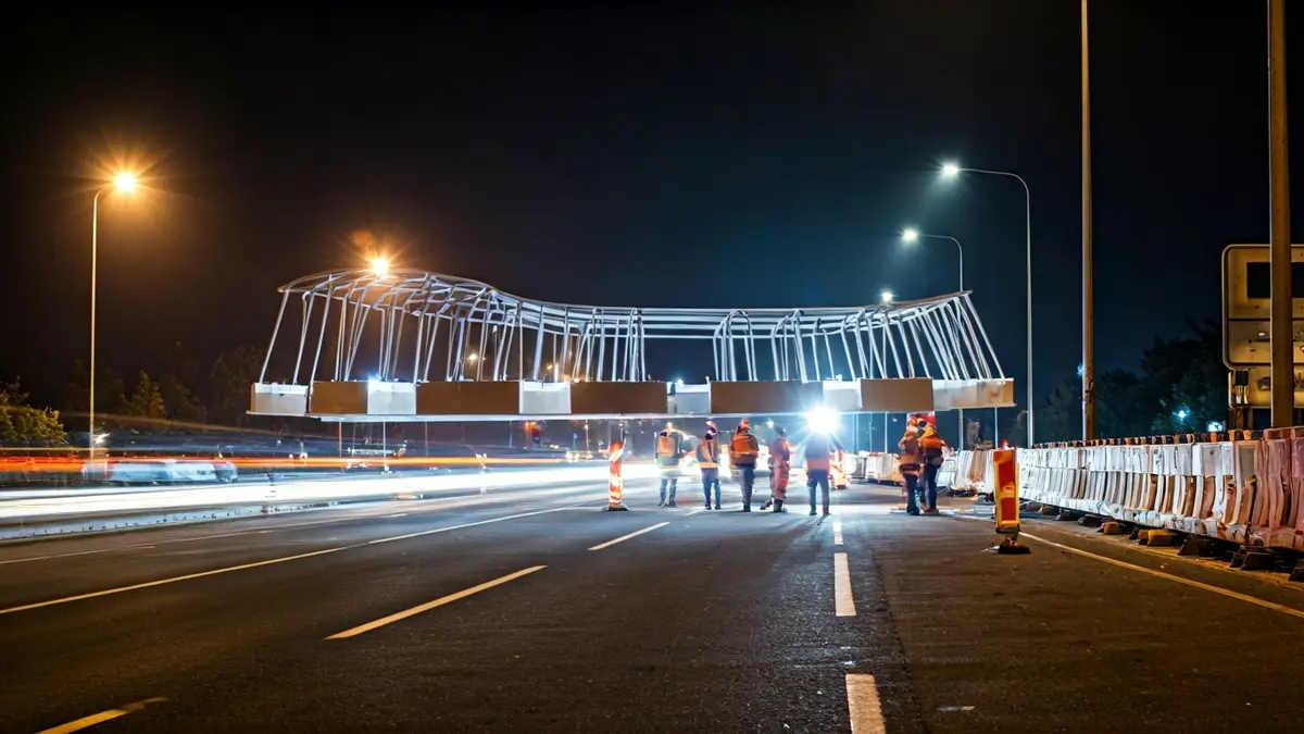 Imaxe da instalación nocturna dunha pasarela peonil sobre unha estrada.
