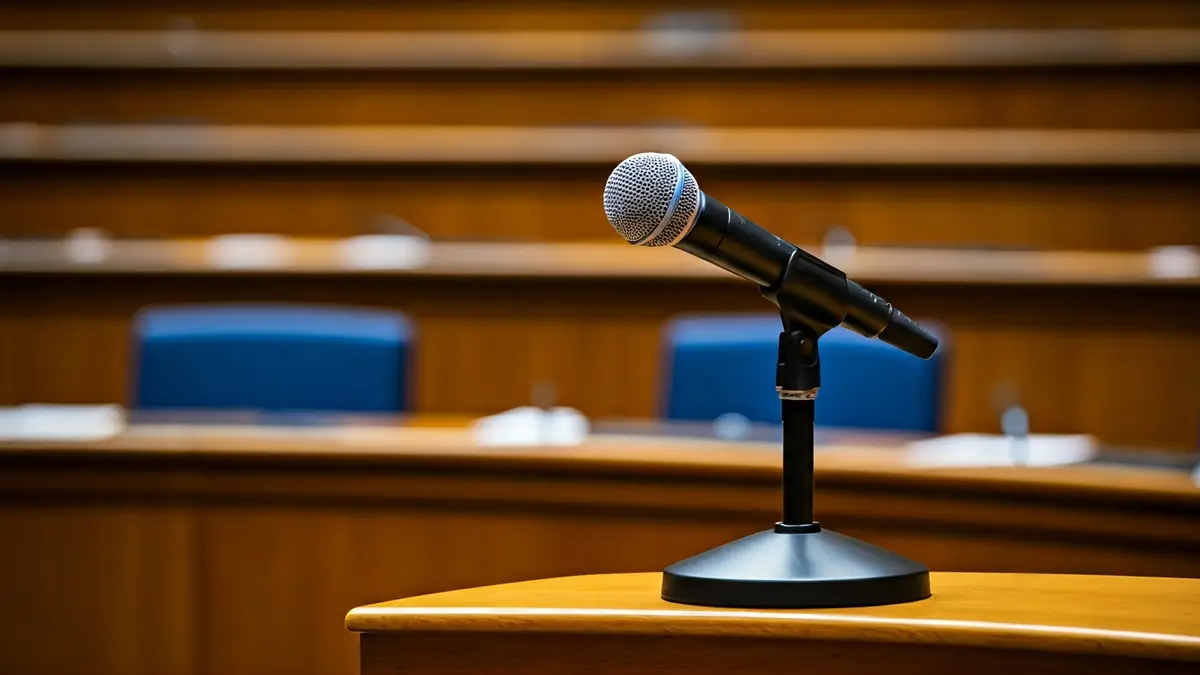 Imaxe xenérica dun micrófono nun podio nunha sala de debates, simbolizando o debate do estado da autonomía.
