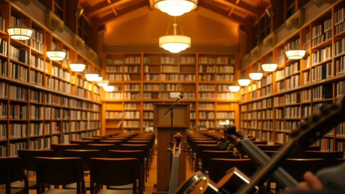 Imaxe xenérica dun auditorio ou sala de ensaio cun ambiente cálido e instrumentos musicais.