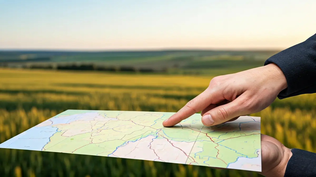 Imaxe xenérica dunha man sinalando un mapa de divisións de terreos agrícolas.
