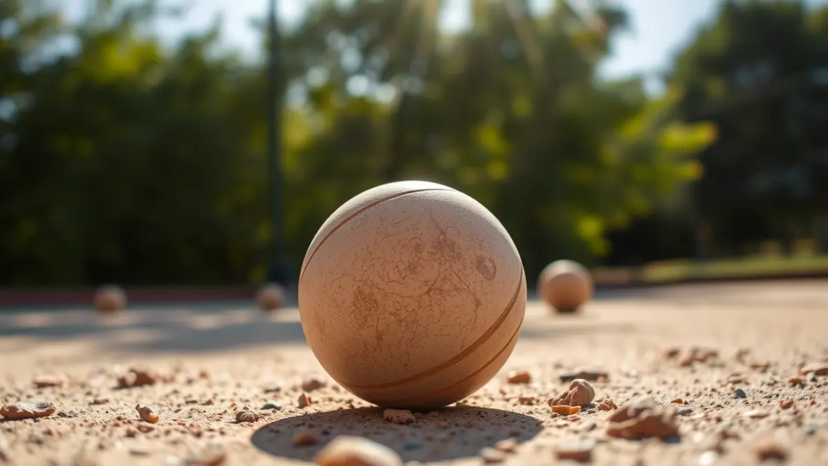 Imaxe xenérica dunha bola de petanca nunha pista de terra.