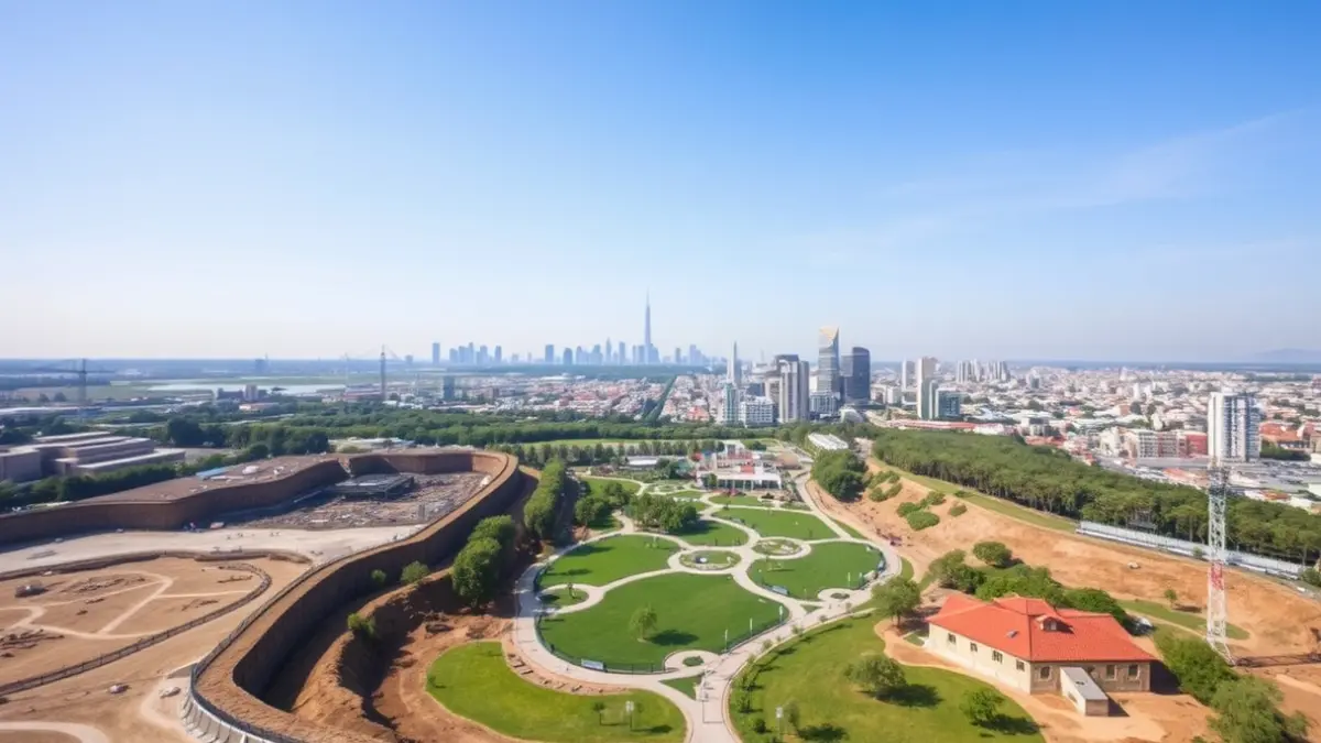 Imaxe aérea do futuro parque da Parda en Pontevedra durante a fase de construción.
