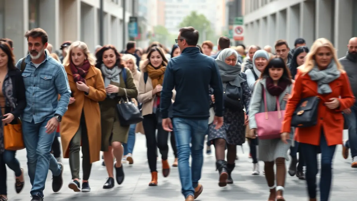Imaxe xenérica de persoas camiñando nunha cidade, representando o fluxo migratorio.