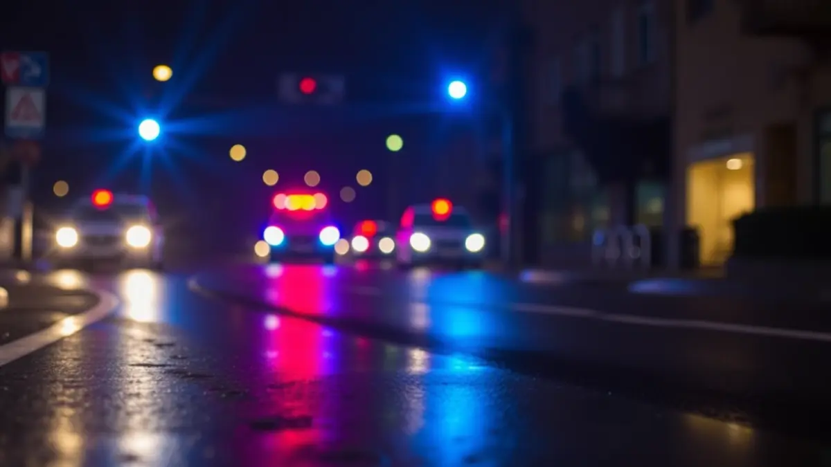 Imaxe xenérica de luces de emerxencia reflectidas no asfalto mollado pola noite.
