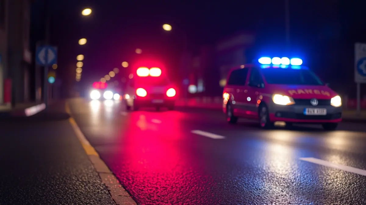 Imaxe xenérica de luces de emerxencia reflectíndose sobre asfalto mollado pola noite.