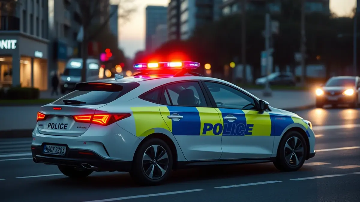 Imaxe dun coche de policía híbrido coas luces de emerxencia acendidas nunha rúa de Ourense.