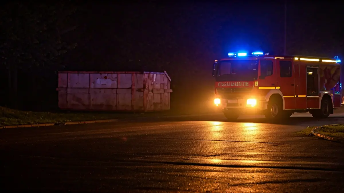 Imaxe xenérica de luces de emerxencia reflectíndose sobre asfalto mollado pola noite, con silueta borrosa dun contedor ao fondo.