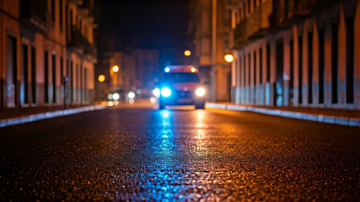 Imaxe xenérica de luces de emerxencia reflectidas no asfalto mollado pola noite.
