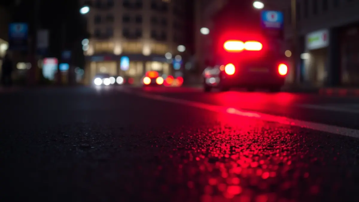 Imagen genérica de luces de emergencia reflejándose sobre asfalto mojado por la noche.