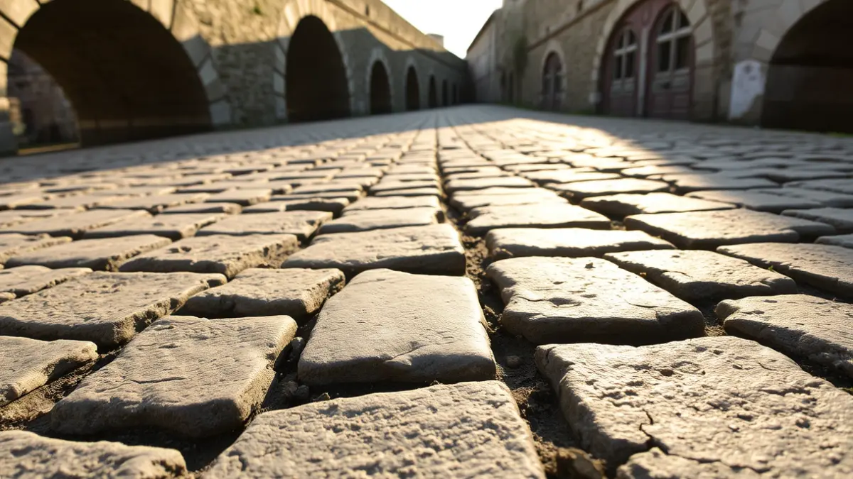 Imagen de cerca del empedrado dañado de un puente antiguo.