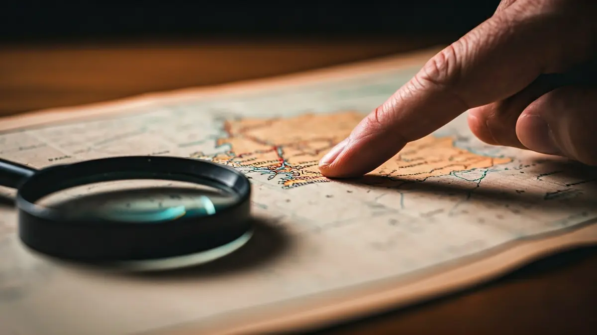 Imaxe xenérica dun mapa antigo de Galicia con nomes de lugares e unha lupa.