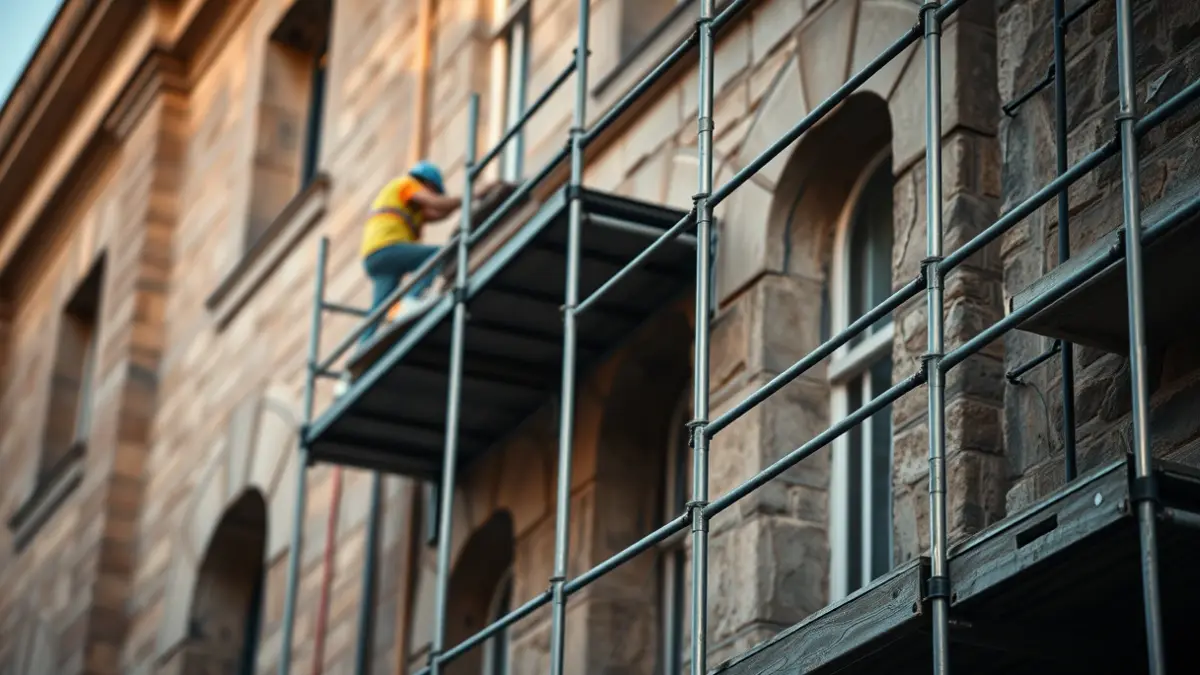 Imaxe dun edificio antigo en reforma con estadas.