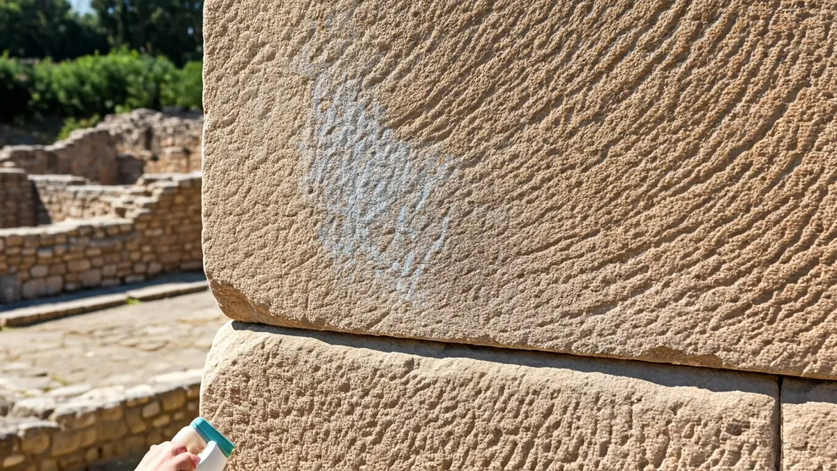 Imagen de un muro de piedra antigua con restos de pintadas siendo limpiadas.