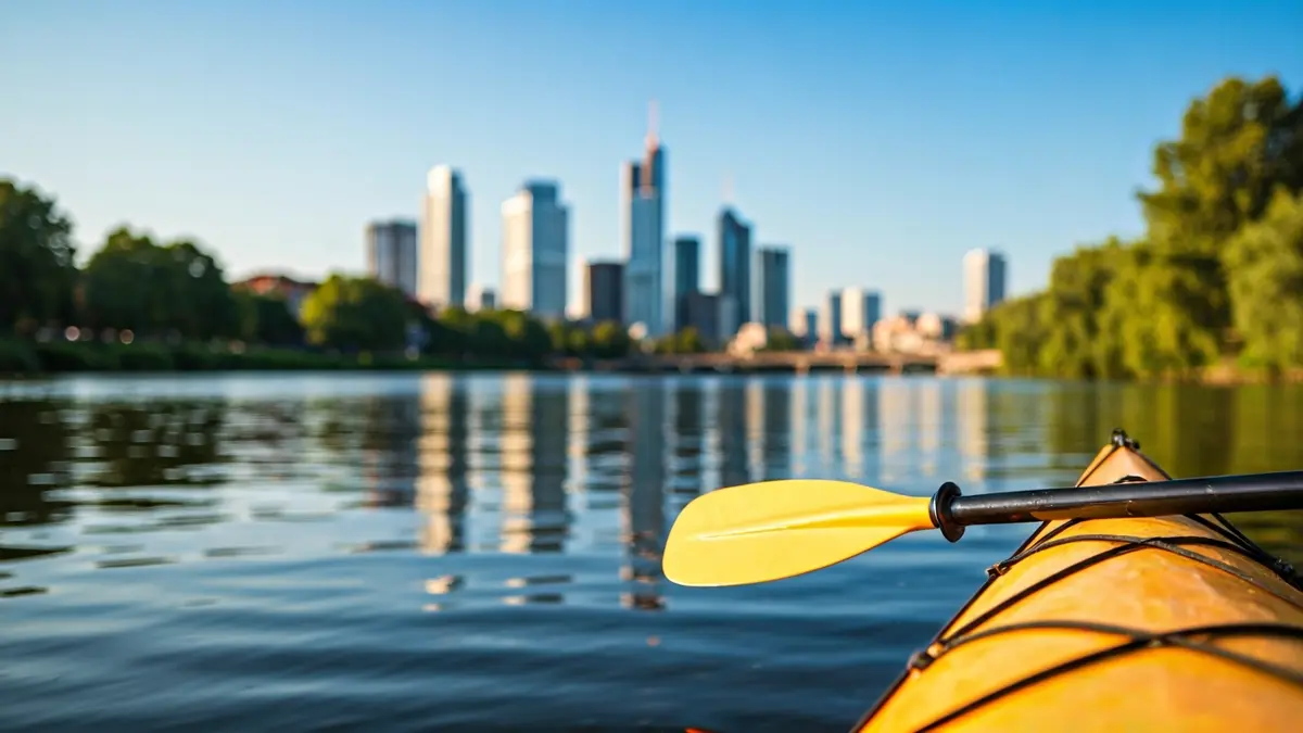 Imagen genérica de una pala de kayak en la orilla de un río tranquilo.