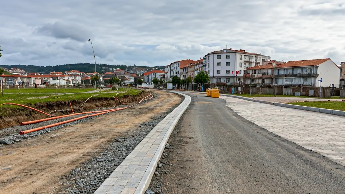 Imaxe dunha rúa en obras en Ourense, con beirarrúas sen rematar e materiais de construción.