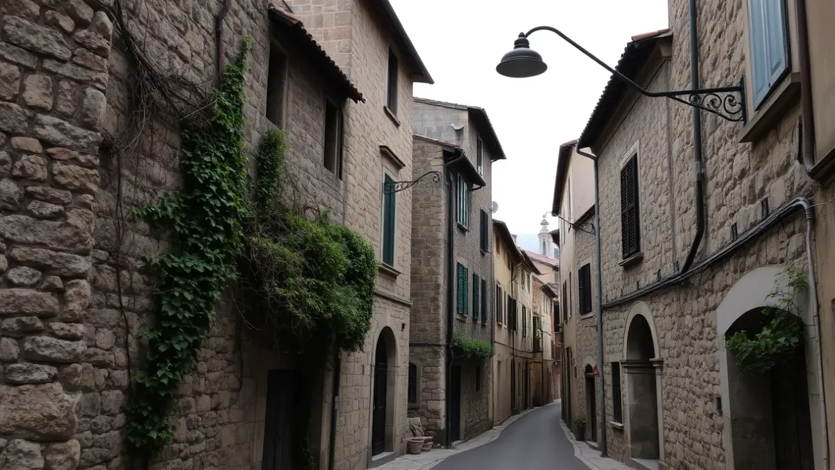 Rúa sen saída nun barrio da Coruña, con edificios antigos e vexetación.