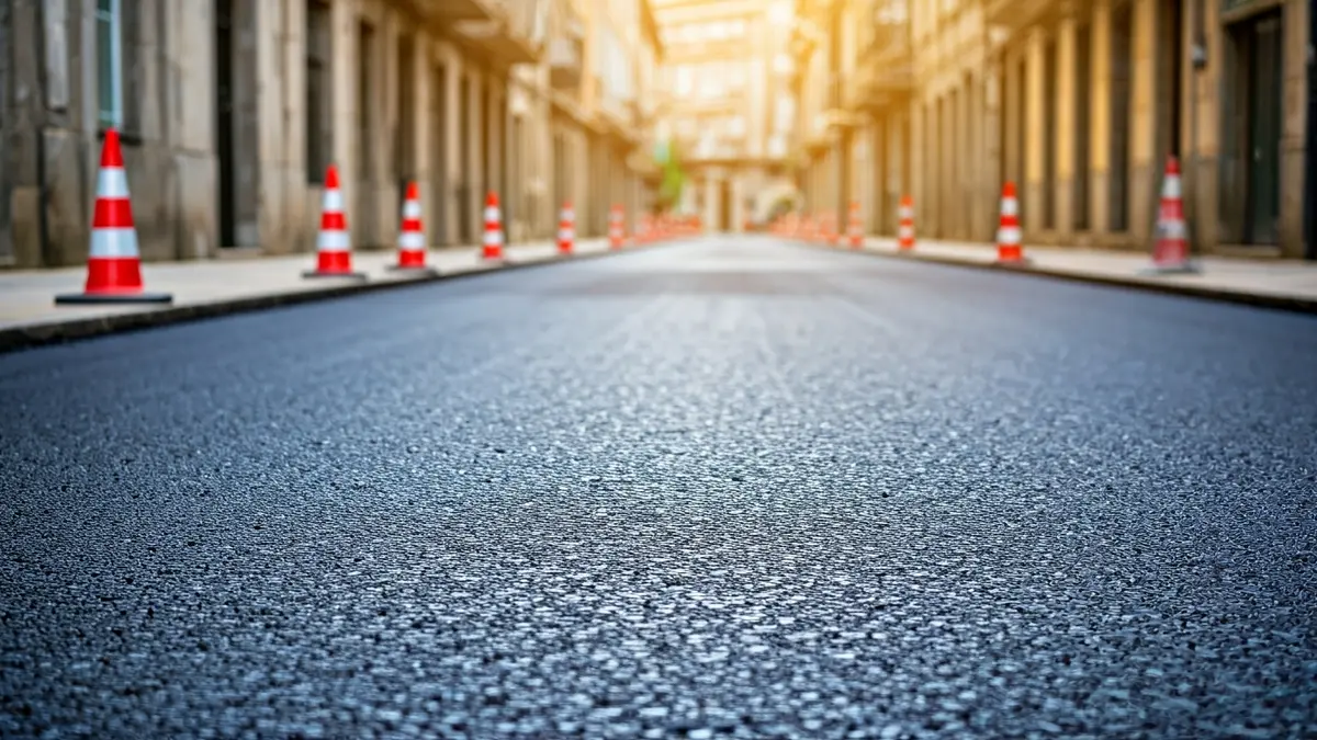 Imaxe dunha rúa recentemente asfaltada con obras nas beirarrúas.