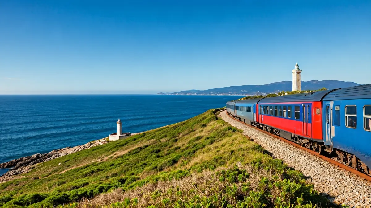 Imaxe dun tren turístico percorrendo a costa galega con un faro ao fondo.