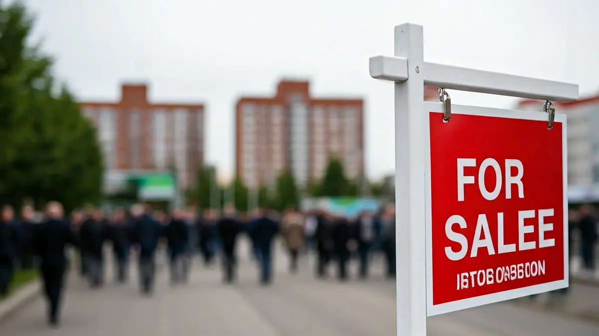 Imaxe xenérica dun cartel de 'Se Vende' con edificios de apartamentos ao fondo.
