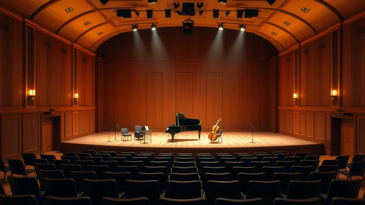 Imaxe dun escenario de sala de concertos con piano e violonchelo, luces cálidas.