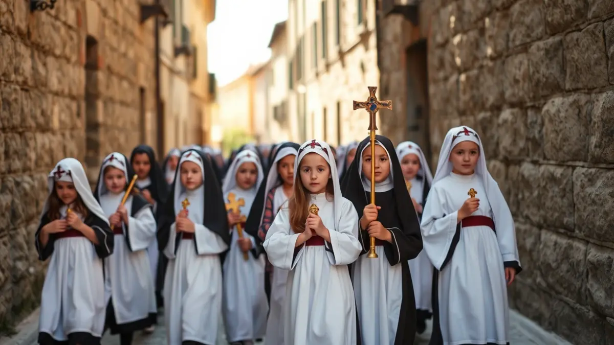 Nenos vestidos con hábitos de Semana Santa en Viveiro.