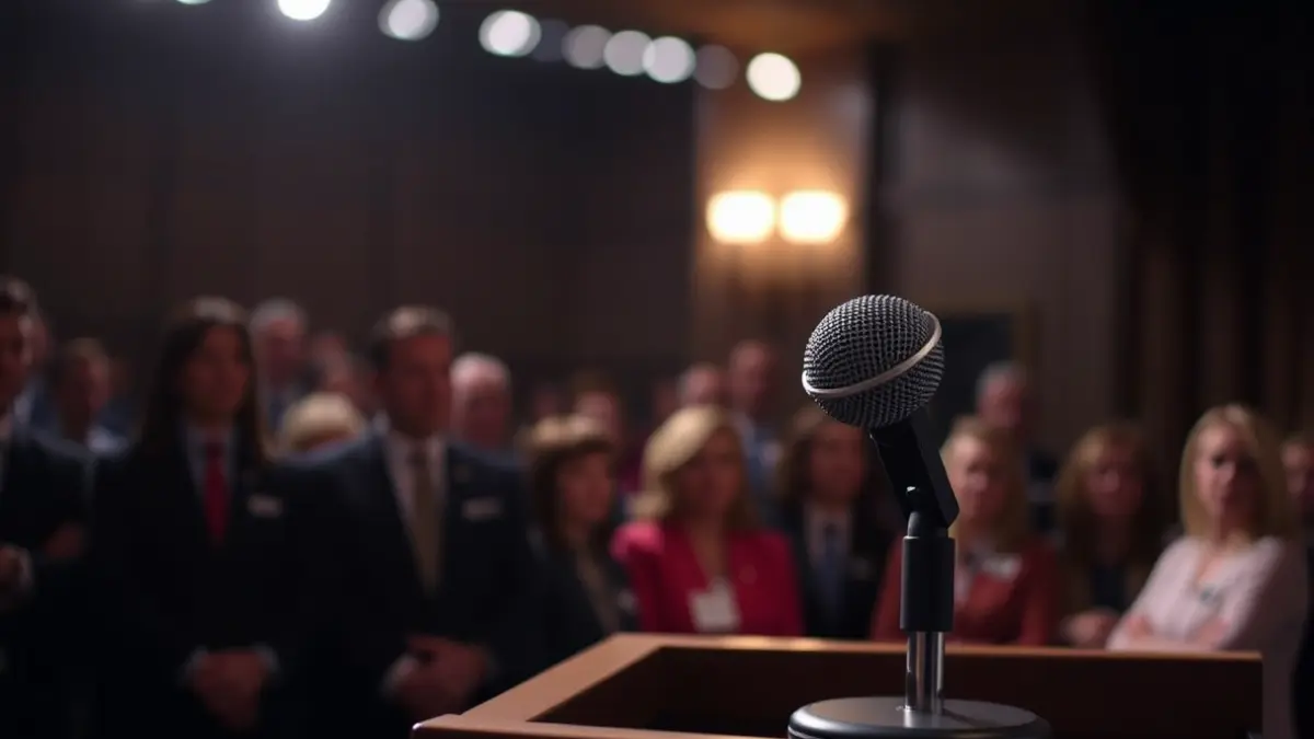 Imaxe xenérica dun micrófono nun podio, simbolizando un anuncio ou evento.