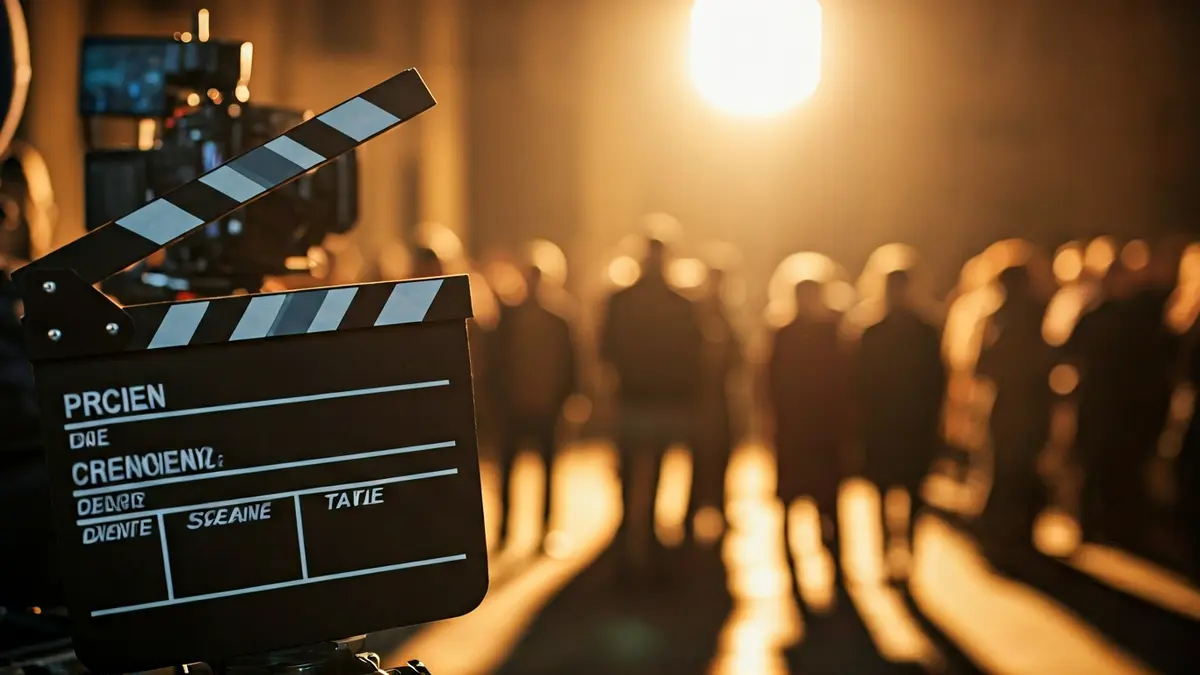 Imaxe xenérica dunha claqueta de cine nun set de rodaxe, con equipo de cámara e iluminación difuminados ao fondo.