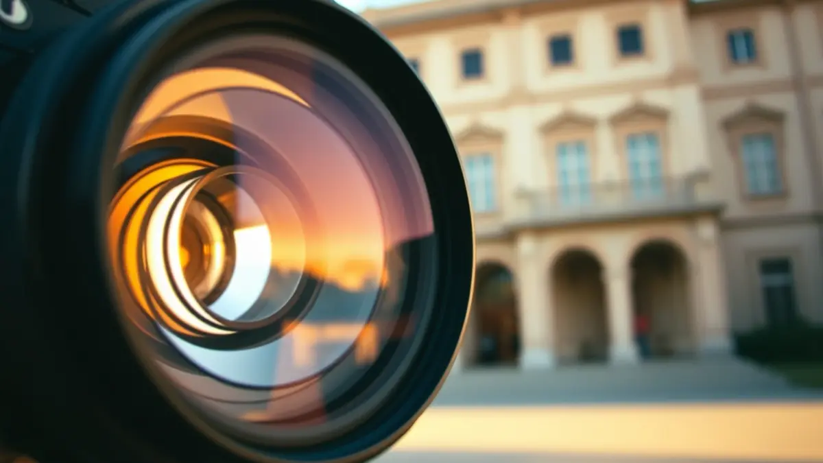 Imaxe dunha cámara de cine antiga coa fachada dun edificio universitario galego de fondo.