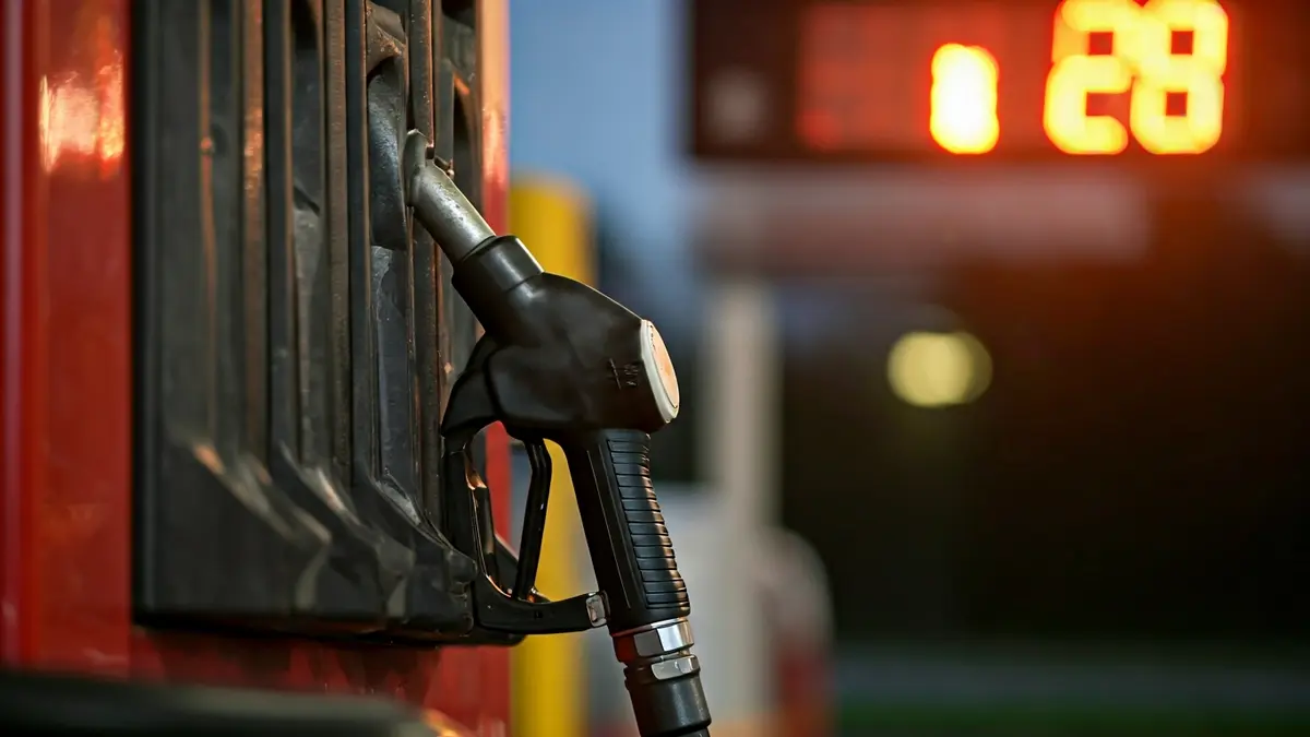 Imaxe xenérica dunha mangueira de combustible nunha gasolineira, co prezo elevado de fondo.