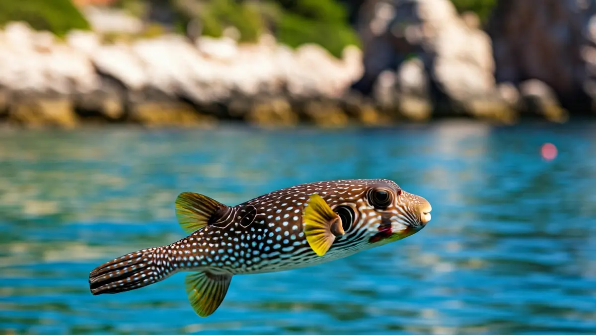 Imaxe dun peixe tropical nadando en augas claras preto da costa rochosa.