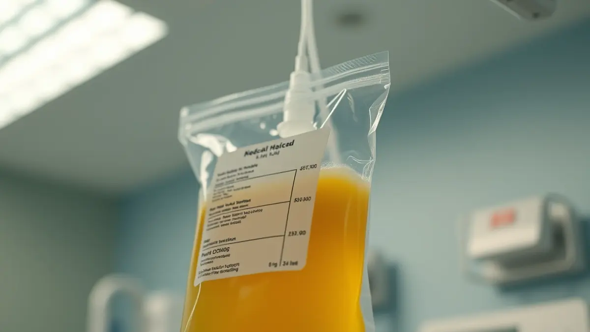 Imaxe xenérica dunha bolsa de fluído intravenoso nun ambiente hospitalario.