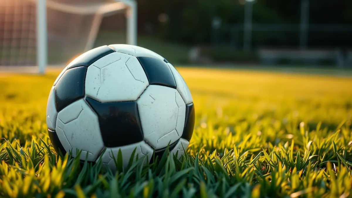Imaxe xenérica dun balón de fútbol sobre herba, cunha portería difuminada ao fondo.