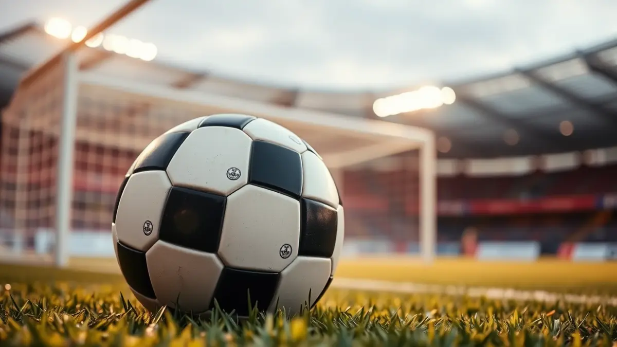 Imaxe xenérica dun balón de fútbol sobre o céspede dun campo.