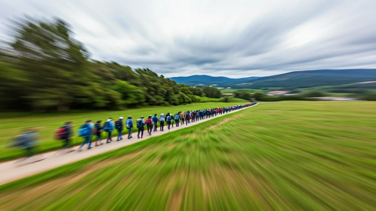 Imaxe xenérica dun camiño a través dunha paisaxe verde, con camiñantes ao lonxe.