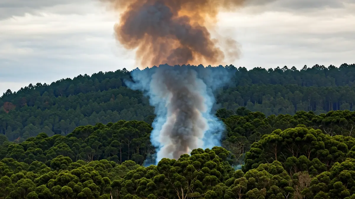 Imaxe xenérica dunha columna de fume nunha paisaxe forestal galega.