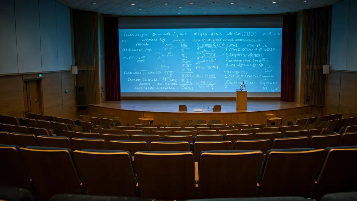 Imagen genérica de un aula universitaria moderna con fórmulas matemáticas proyectadas.