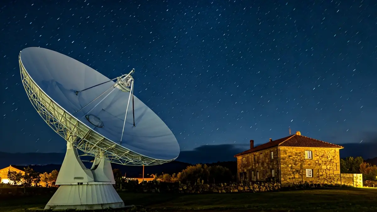 Antena parabólica apuntando al cielo nocturno, con edificios de piedra gallegos al fondo.