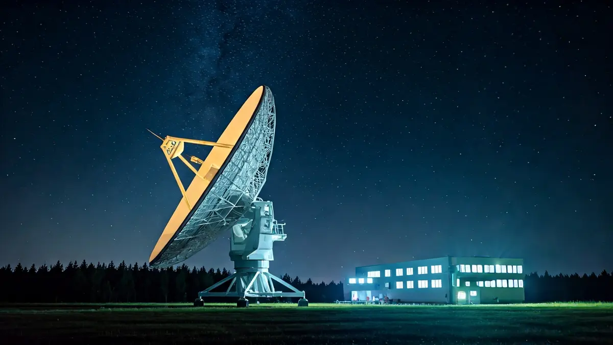 Imaxe xenérica dunha antena parabólica apuntando ao espazo, simbolizando a investigación espacial.