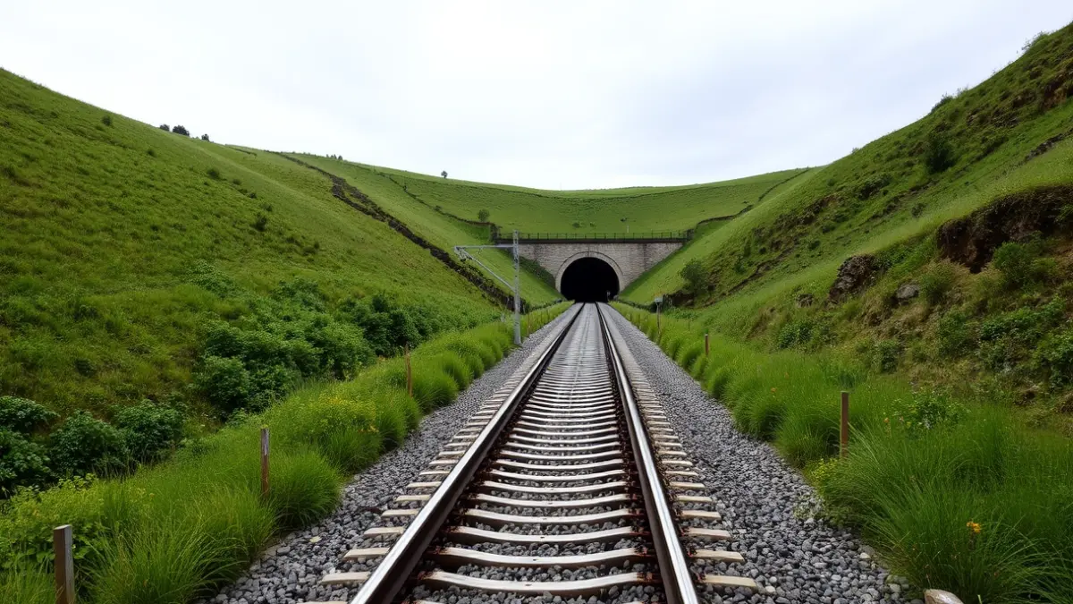 Imagen de una vía de tren moderna atravesando un paisaje verde gallego, con un túnel al fondo.