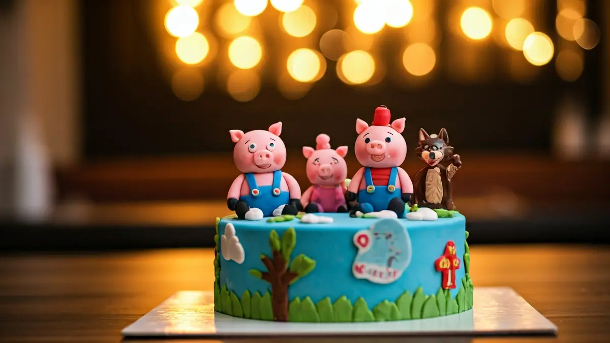 Imaxe dunha torta de aniversario temática dos 'Tres Porquiños' nunha festa.