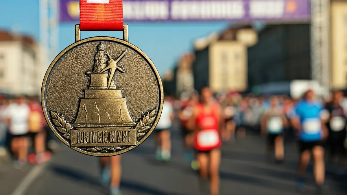 Medalla conmemorativa de la Vig-Bay con la meta de fondo.