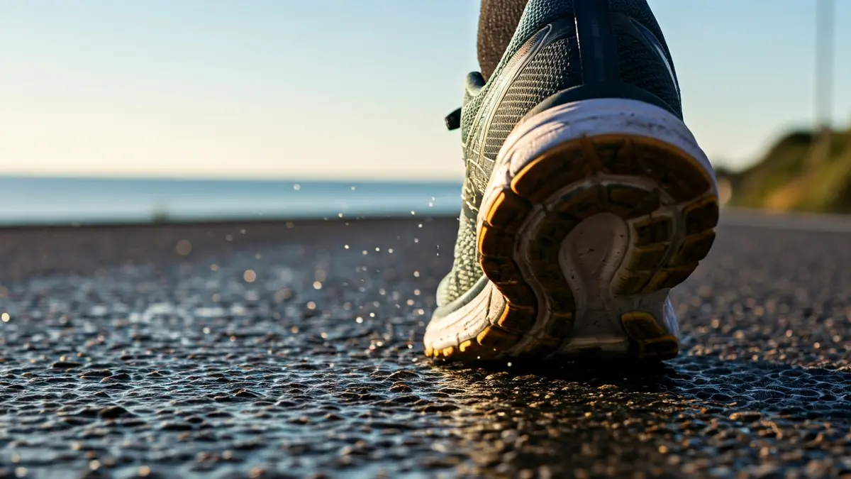 Imaxe xenérica dunha zapatilla de correr sobre asfalto mollado nunha estrada costeira.