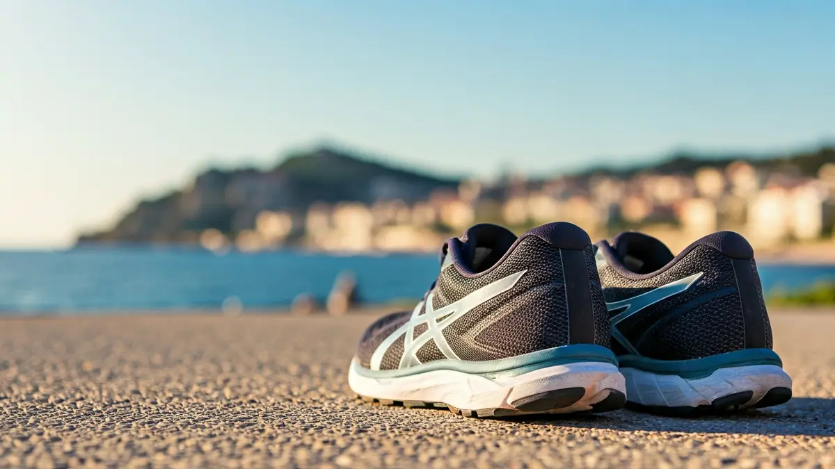 Imagen genérica de zapatillas de correr en un camino costero, con el océano y un pueblo al fondo.