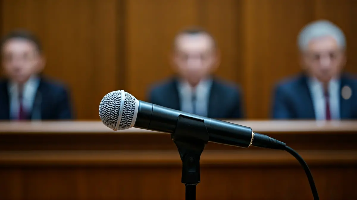 Imaxe xenérica dun micrófono nun podio nunha sala de xustiza.