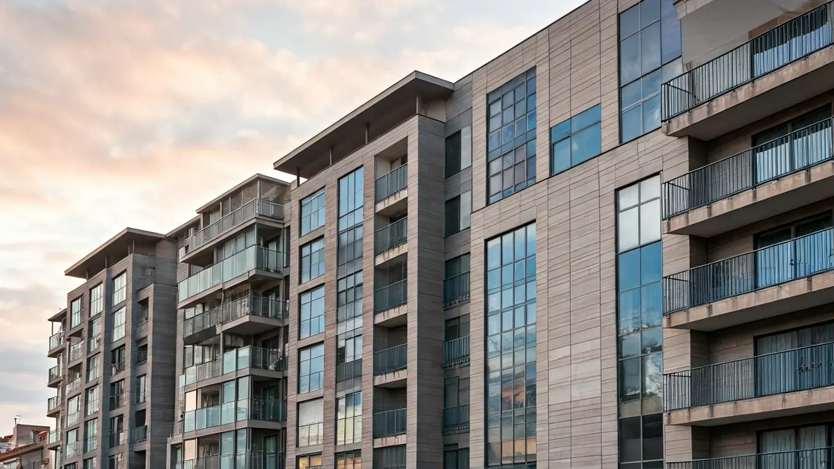 Imaxe dun edificio de vivendas nunha cidade galega.