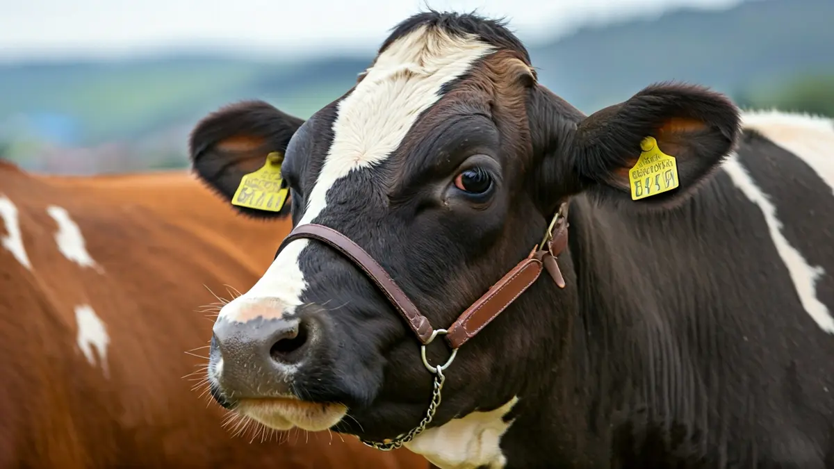 Imaxe dunha vaca de gando frisón nunha feira gandeira, con xente de fondo.