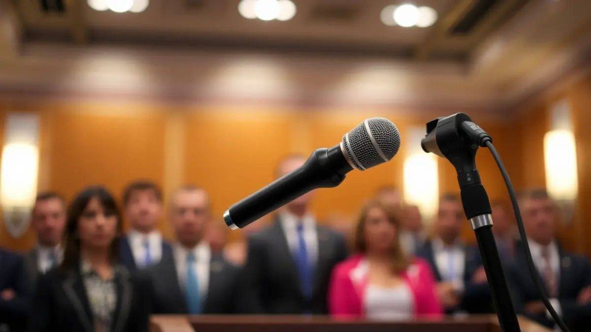 Imagen genérica de un micrófono en un atril durante una rueda de prensa.