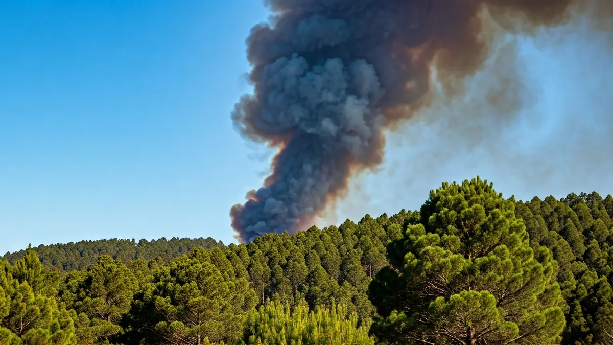 Imaxe xenérica dunha columna de fume sobre un bosque, simbolizando a loita contra os incendios.